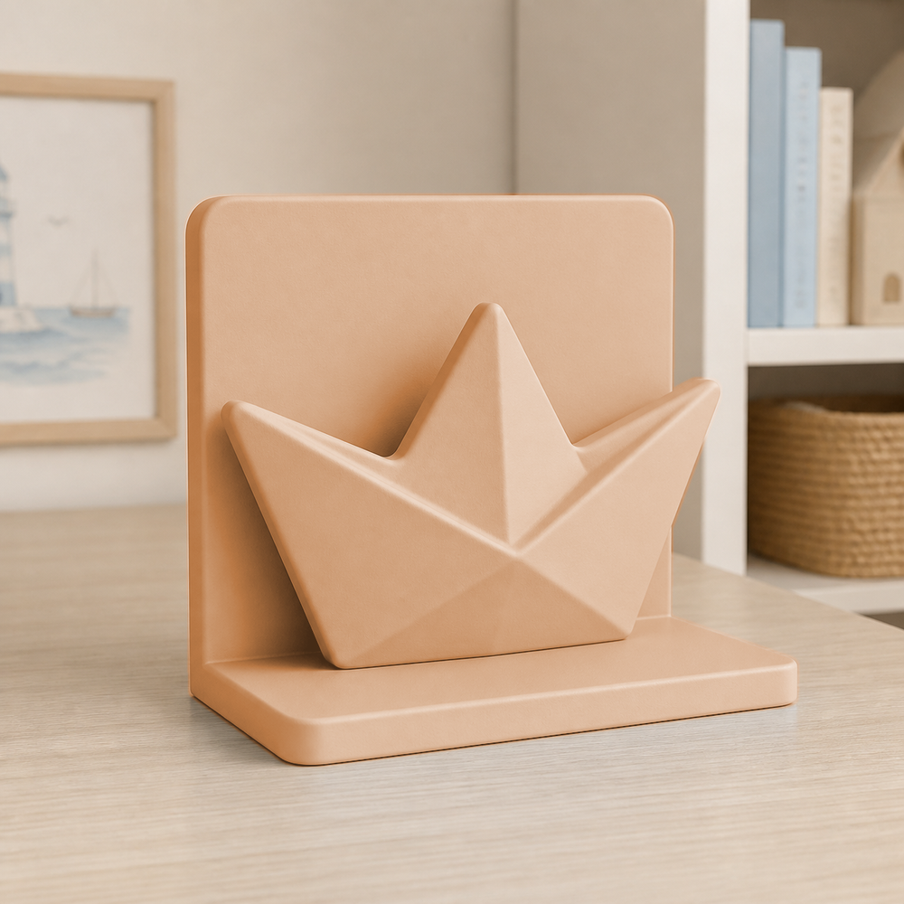 Paper Boat Bookend, Pastel Nautical Shelf Decor, Nursery Desk Room Accent — Orange color variant
