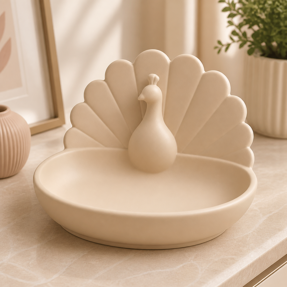 Peacock Key Bowl, Pastel Catchall Dish, Cute Entryway Vanity Decor Gift — Beige color variant