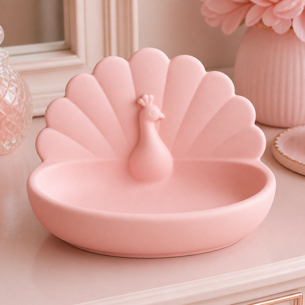 Peacock Key Bowl, Pastel Catchall Dish, Cute Entryway Vanity Decor Gift — Pink color variant