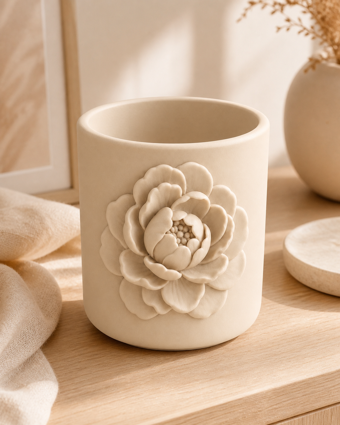 Peony Makeup Brush Cup, Pastel Pencil Holder, Cute Vanity Desk Decor Gift — Beige color variant