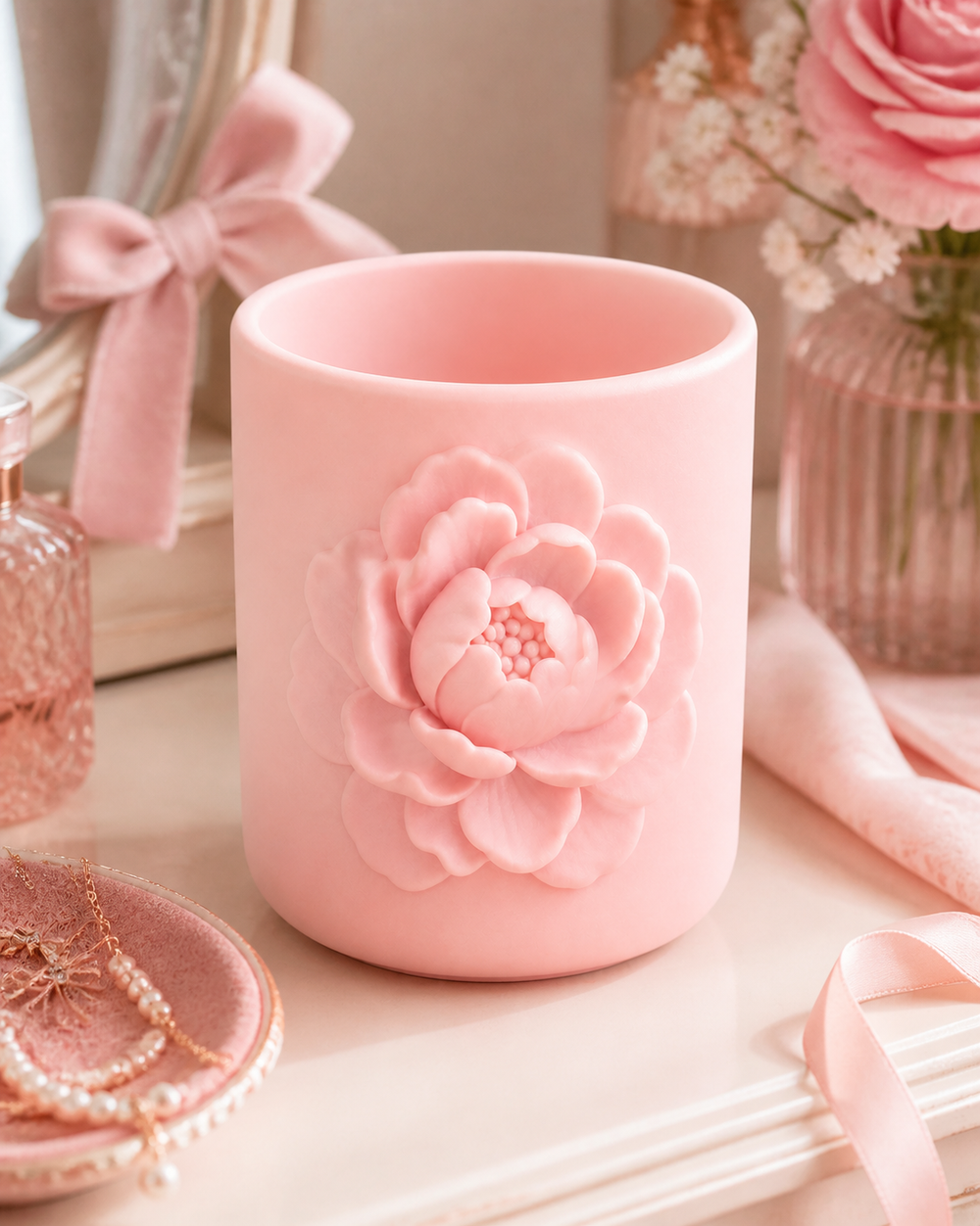 Peony Makeup Brush Cup, Pastel Pencil Holder, Cute Vanity Desk Decor Gift — Pink color variant