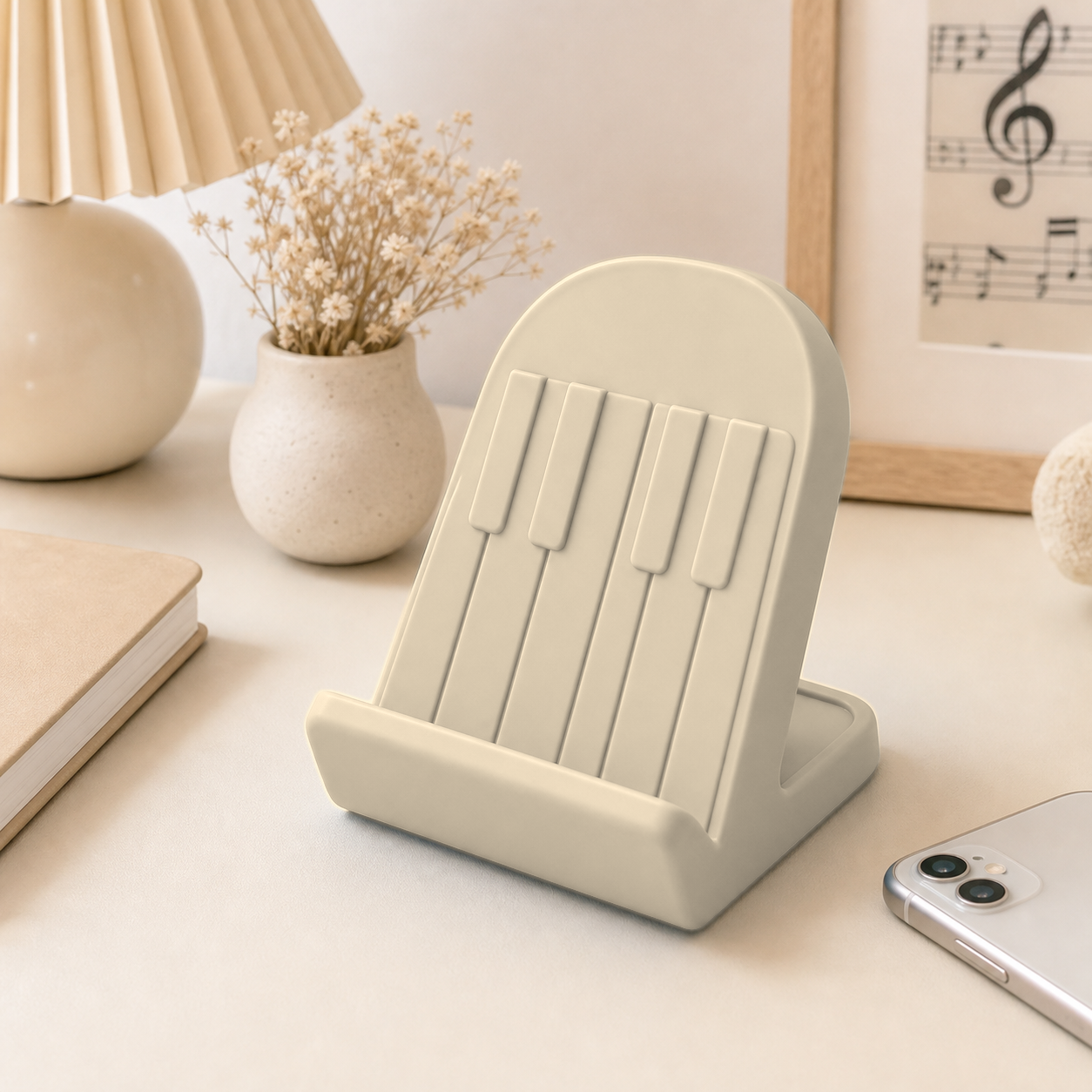 Piano Key Phone Stand, Music Desk Decor, Pastel Dorm Room Gift for Musicians — Beige color variant