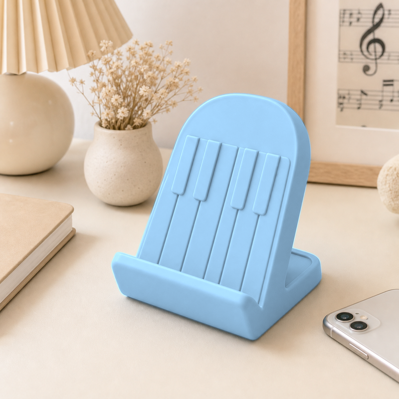 Piano Key Phone Stand, Music Desk Decor, Pastel Dorm Room Gift for Musicians — Blue color variant
