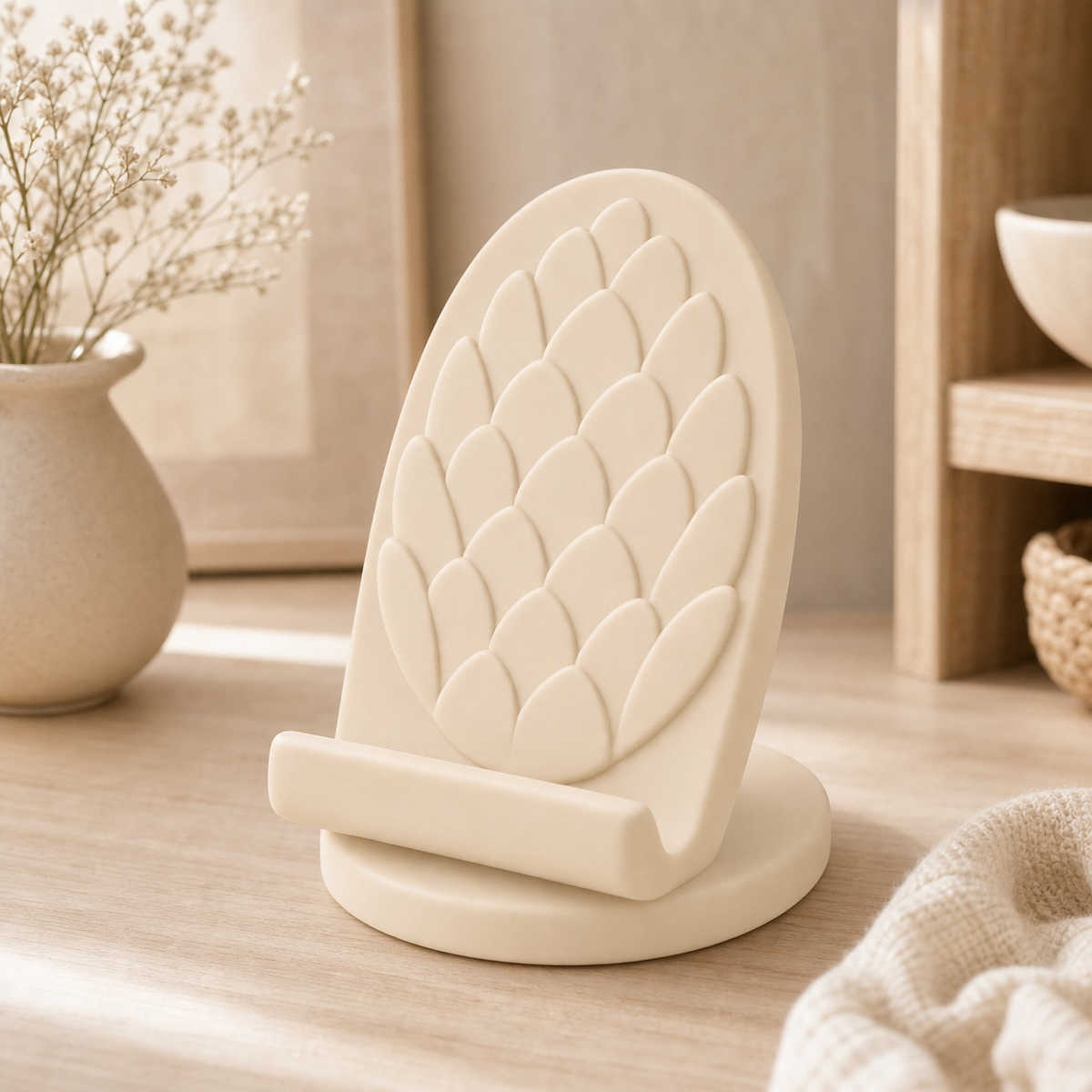 Pinecone Phone Stand, Cottagecore Desk Holder, Pastel Desk Decor Gift — Beige color variant