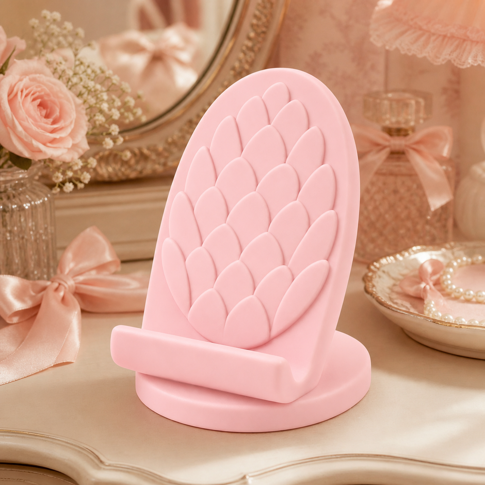 Pinecone Phone Stand, Cottagecore Desk Holder, Pastel Desk Decor Gift — Pink color variant