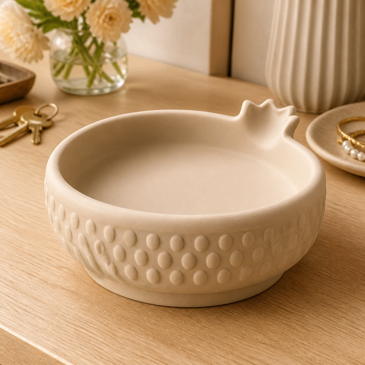 Pomegranate Key Bowl, Pastel Fruit Catchall, Cute Entry Table Decor — Beige color variant