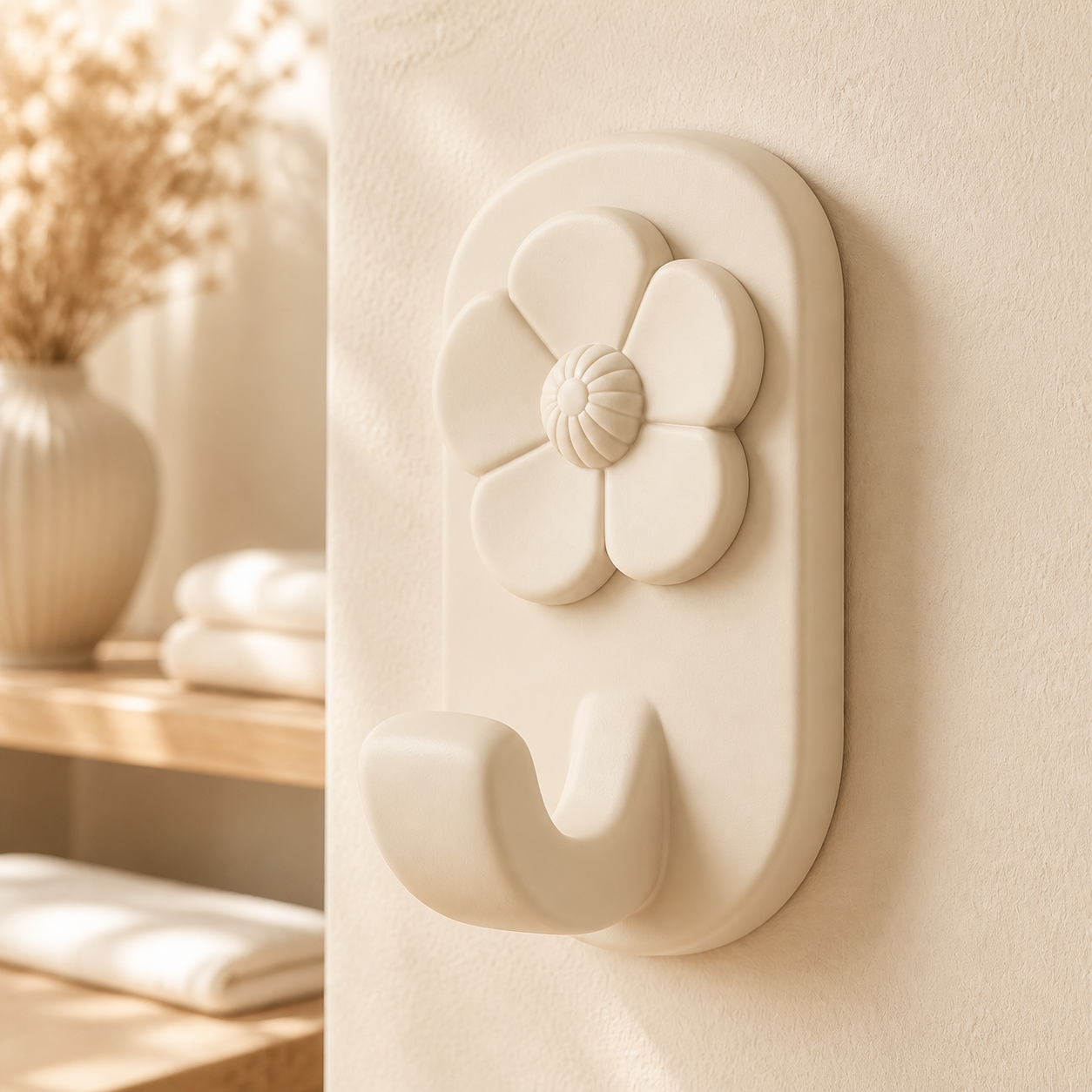 Poppy Key Hook, Pastel Floral Wall Peg, Cute Entryway Room Decor Gift — Beige color variant