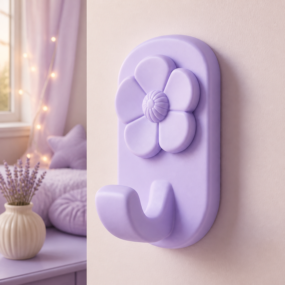 Poppy Key Hook, Pastel Floral Wall Peg, Cute Entryway Room Decor Gift — Purple color variant