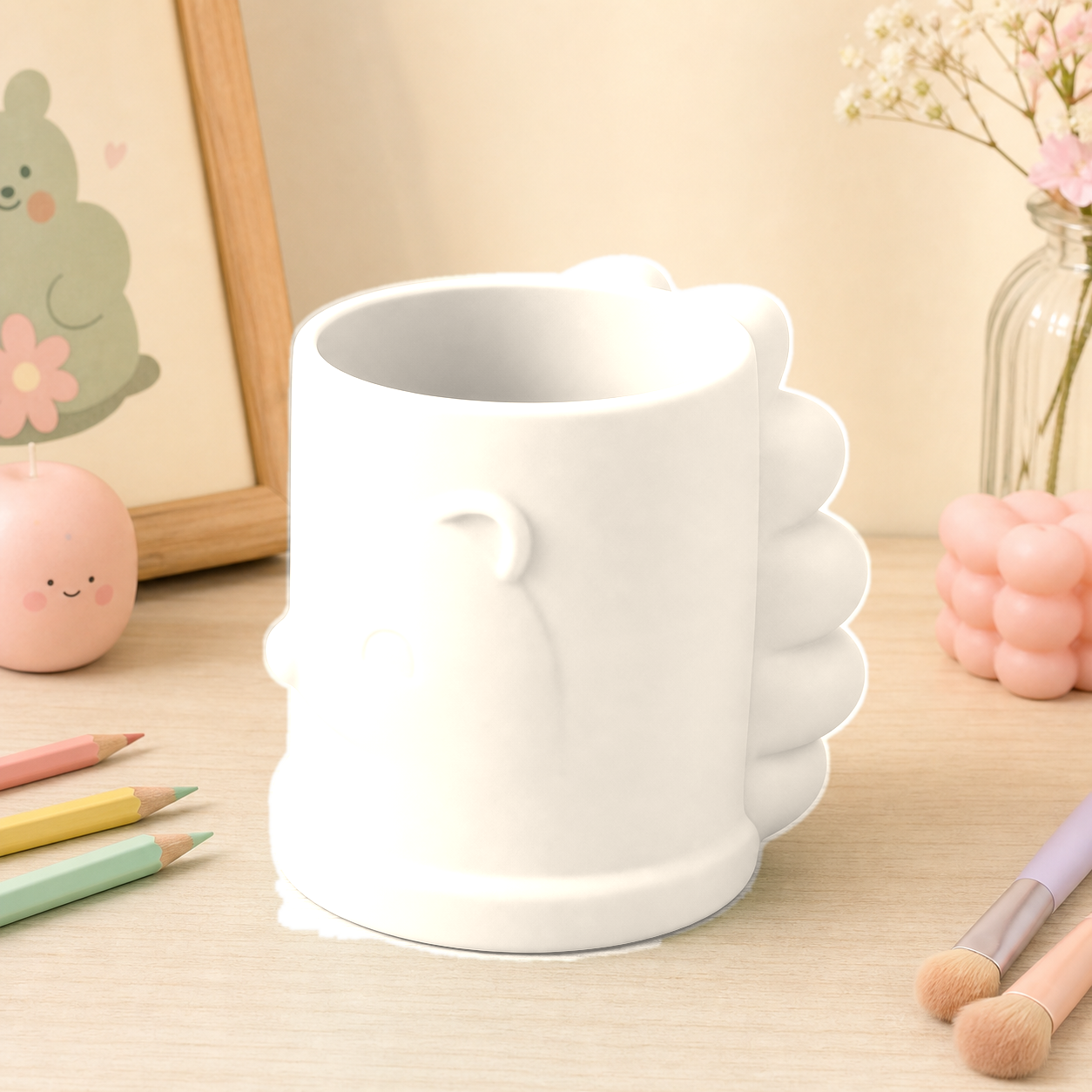 Porcupine Pencil Cup, Makeup Brush Holder, Pastel Desk Organizer, Cute Room Decor — Beige color variant