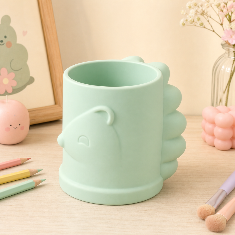 Porcupine Pencil Cup, Makeup Brush Holder, Pastel Desk Organizer, Cute Room Decor — Green color variant