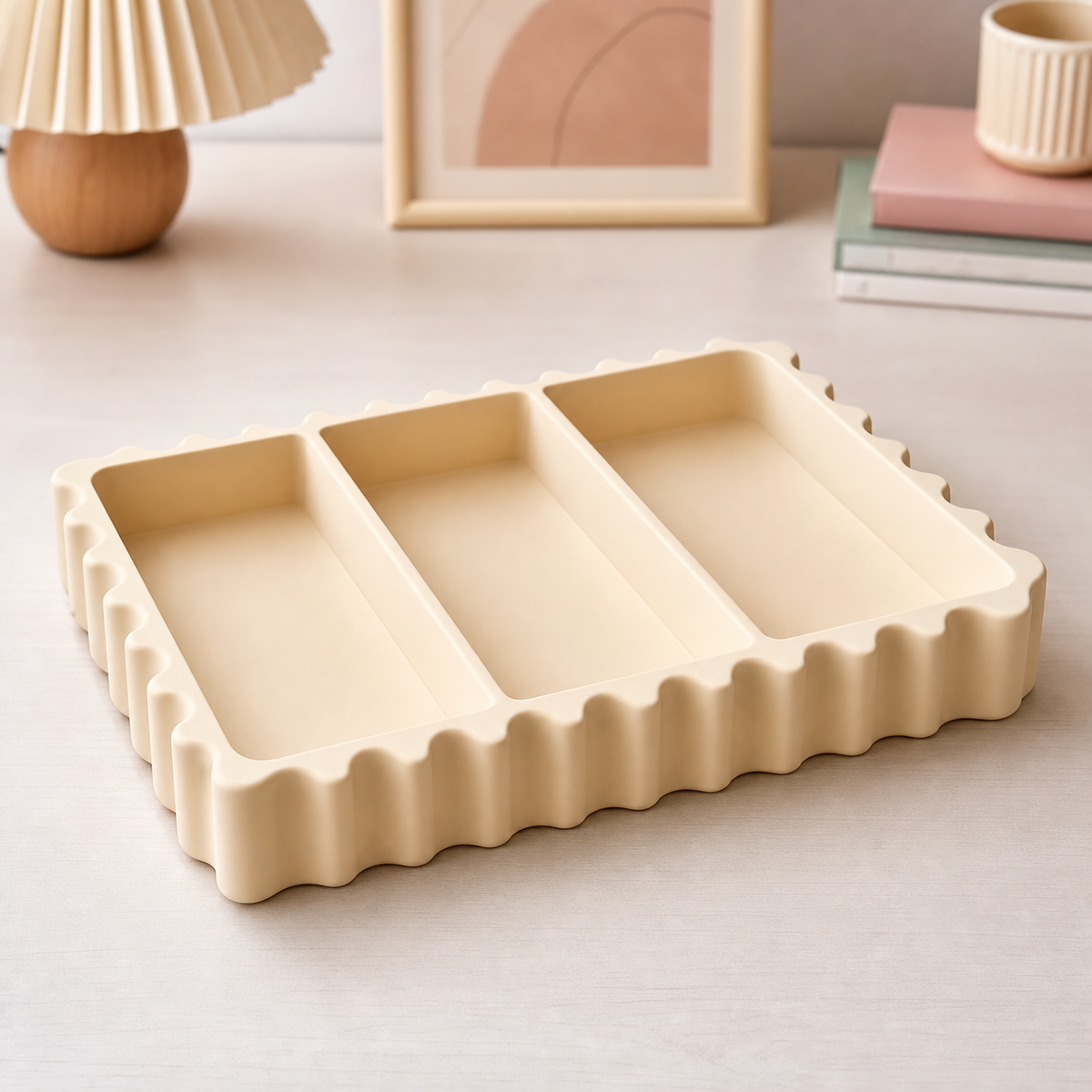 Postage Stamp Desk Organizer, Pastel Stationery Tray, Cute Desk Decor Gift — Beige color variant