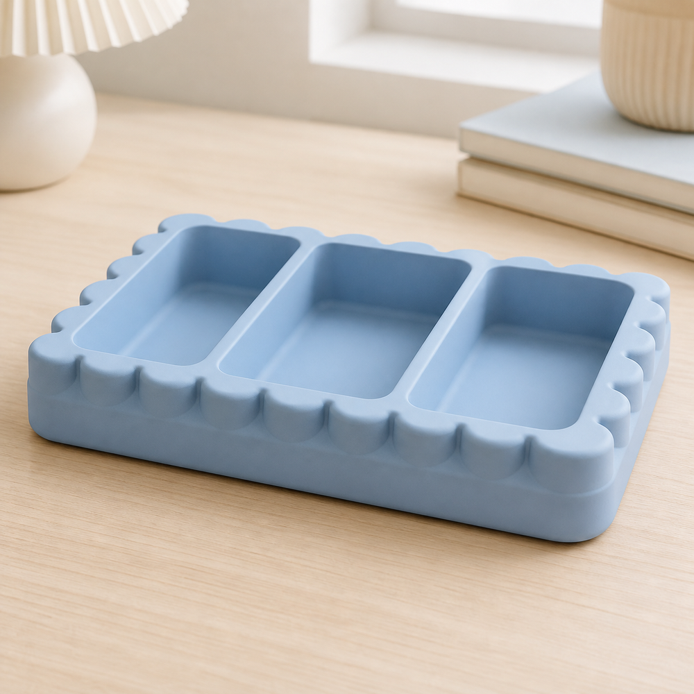 Postage Stamp Desk Organizer, Pastel Stationery Tray, Cute Desk Decor Gift — Blue color variant