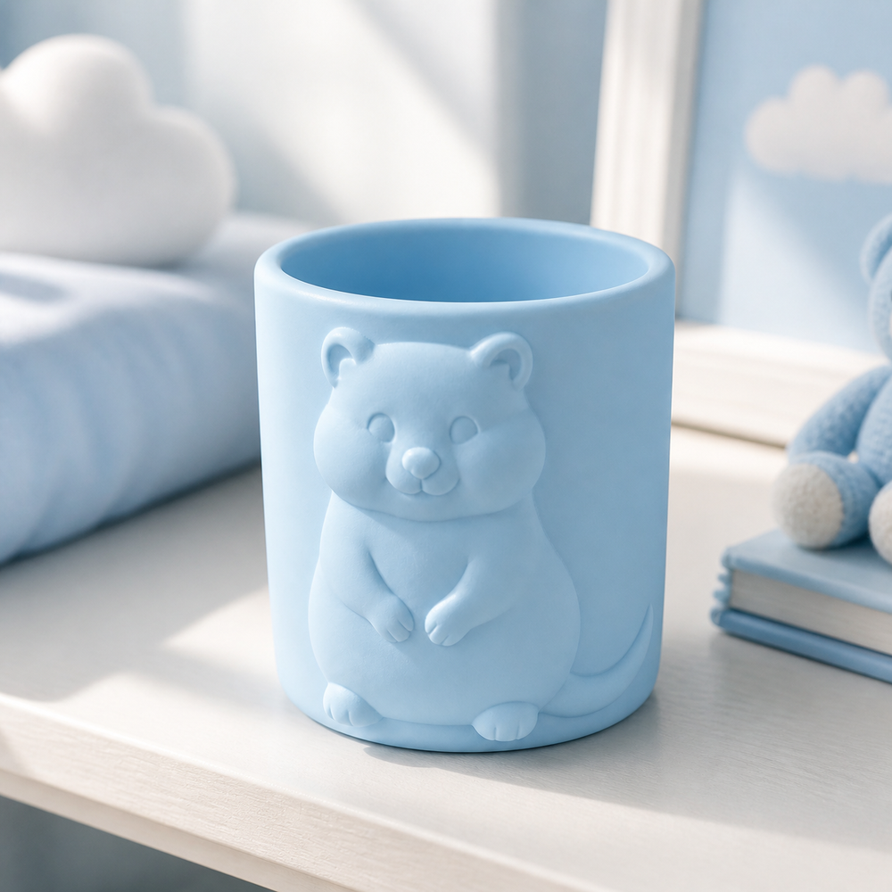 Quokka Makeup Brush Cup, Pastel Pencil Holder, Cute Animal Desk Decor Gift — Blue color variant