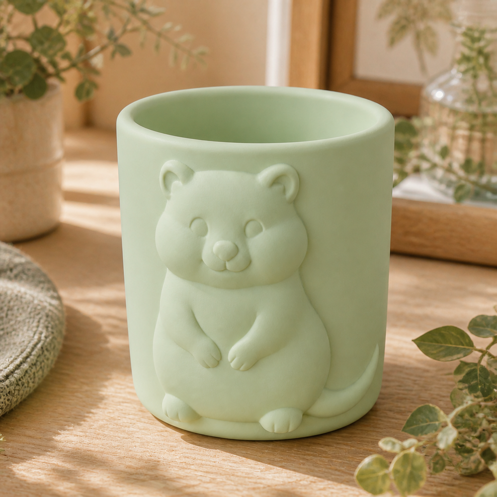 Quokka Makeup Brush Cup, Pastel Pencil Holder, Cute Animal Desk Decor Gift — Green color variant