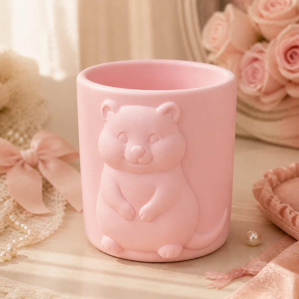 Quokka Makeup Brush Cup, Pastel Pencil Holder, Cute Animal Desk Decor Gift — Pink color variant