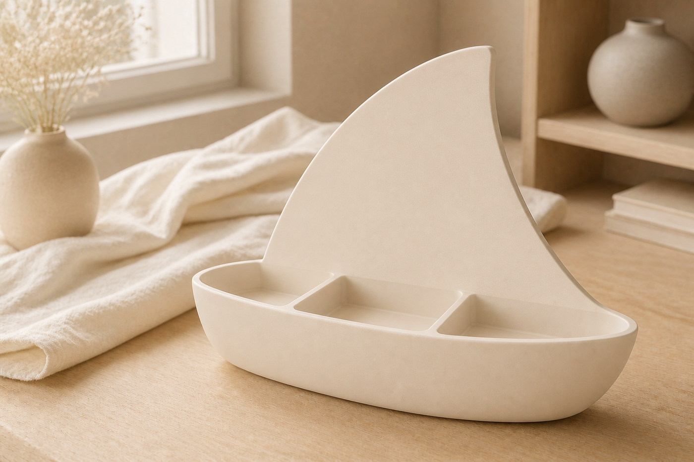 Sailboat Desk Organizer, Pastel Divided Catchall Caddy, Cute Coastal Desk Decor — Beige color variant