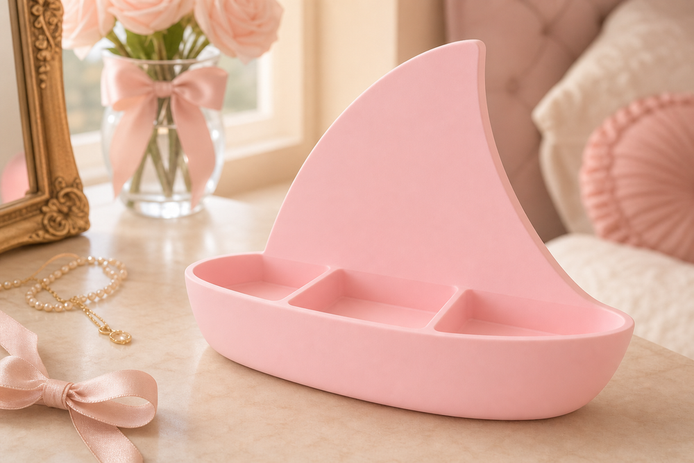 Sailboat Desk Organizer, Pastel Divided Catchall Caddy, Cute Coastal Desk Decor — Pink color variant