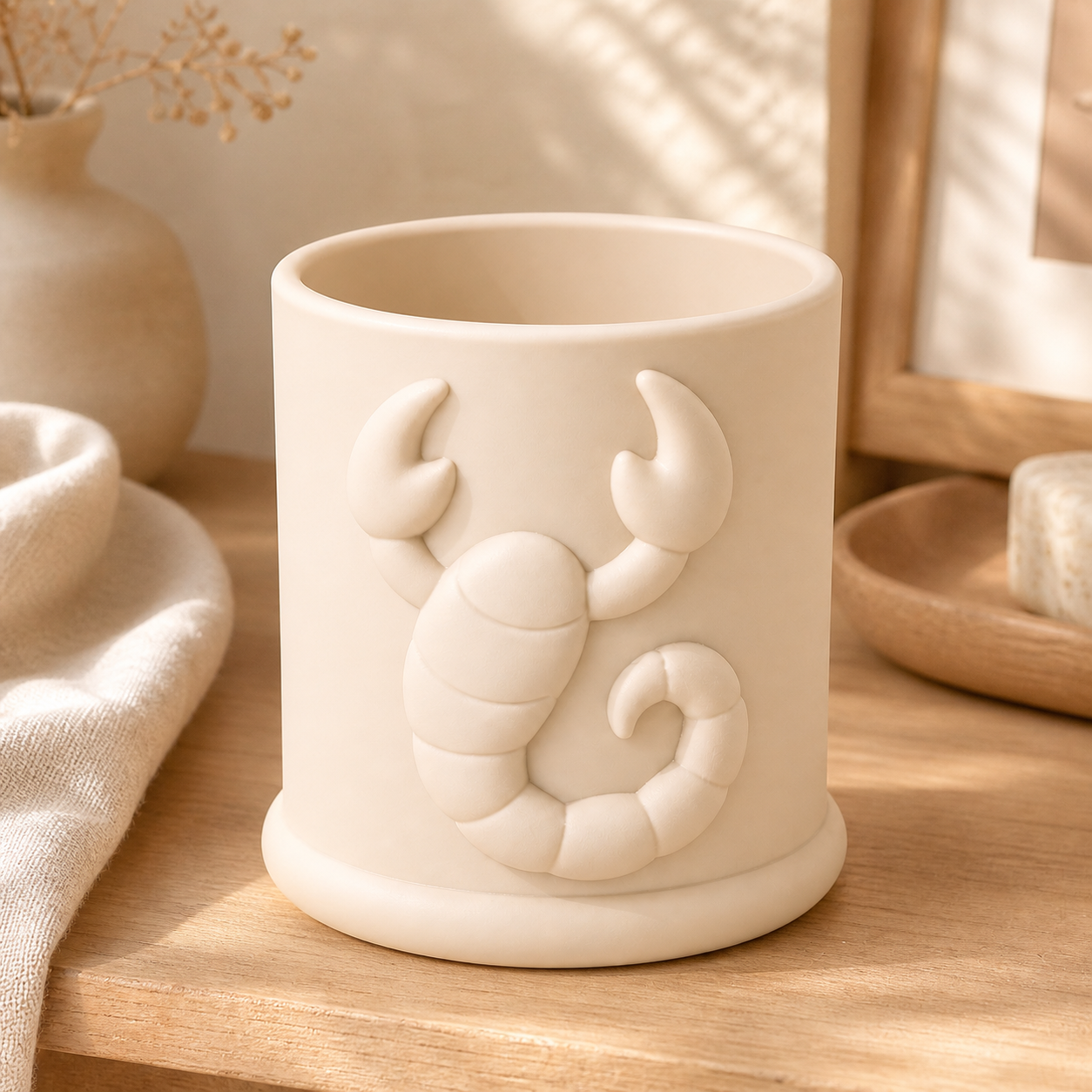Scorpio Scorpion Brush Cup, Zodiac Makeup Brush Holder, Pastel Desk Decor — Beige color variant