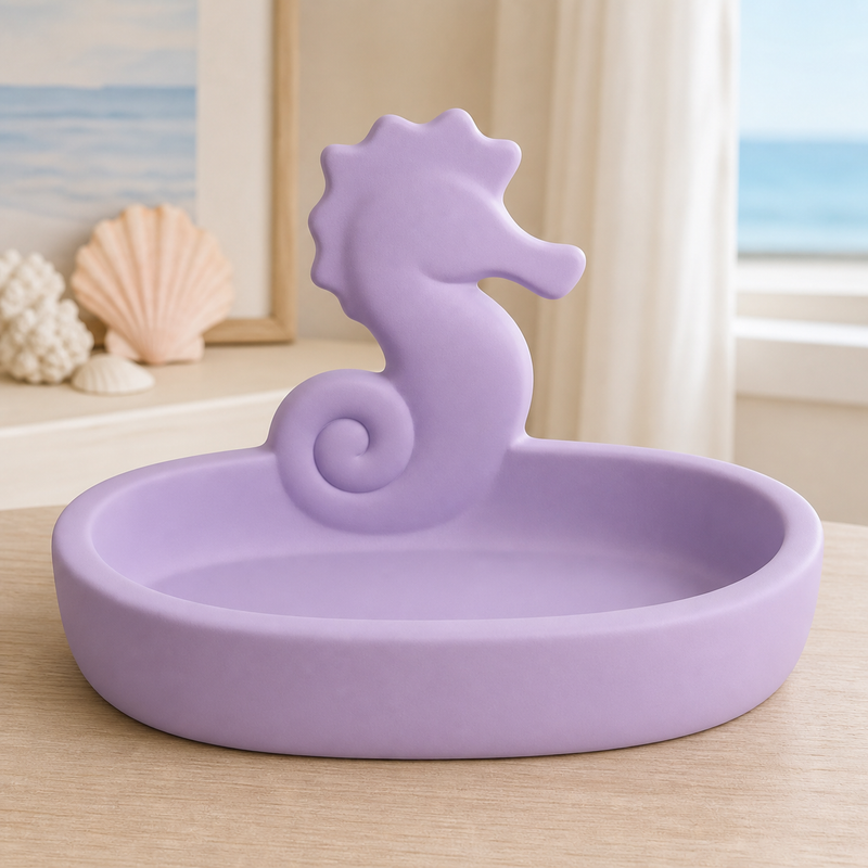Seahorse Key Bowl, Pastel Ocean Catchall Dish, Cute Entryway Vanity Decor Gift — Purple color variant