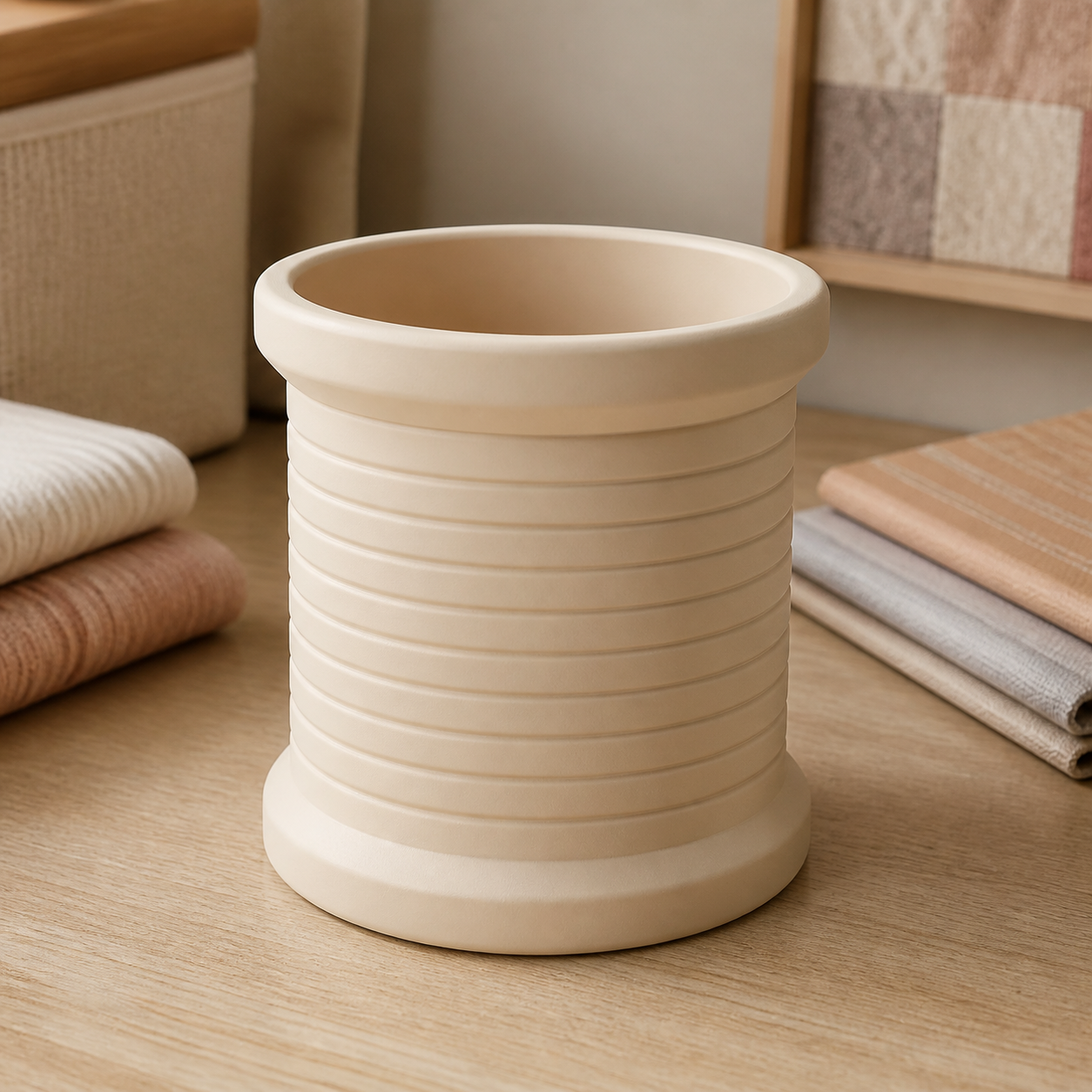 Sewing Spool Brush Cup, Pastel Pencil Holder, Cute Craft Room Desk Decor — Beige color variant
