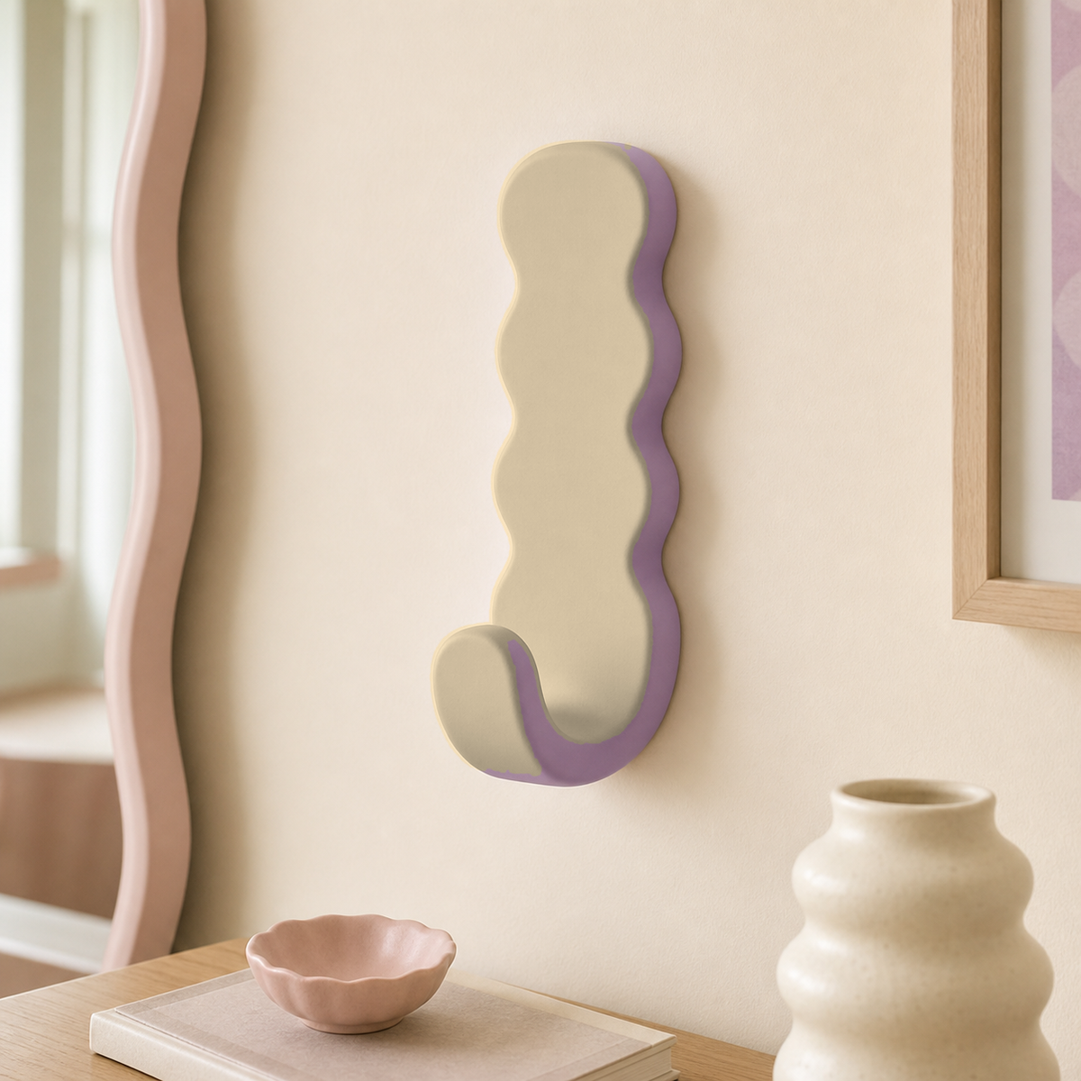 Squiggle Key Hook, Pastel Retro Wall Peg, Cute Entryway Jewelry Decor — Beige color variant