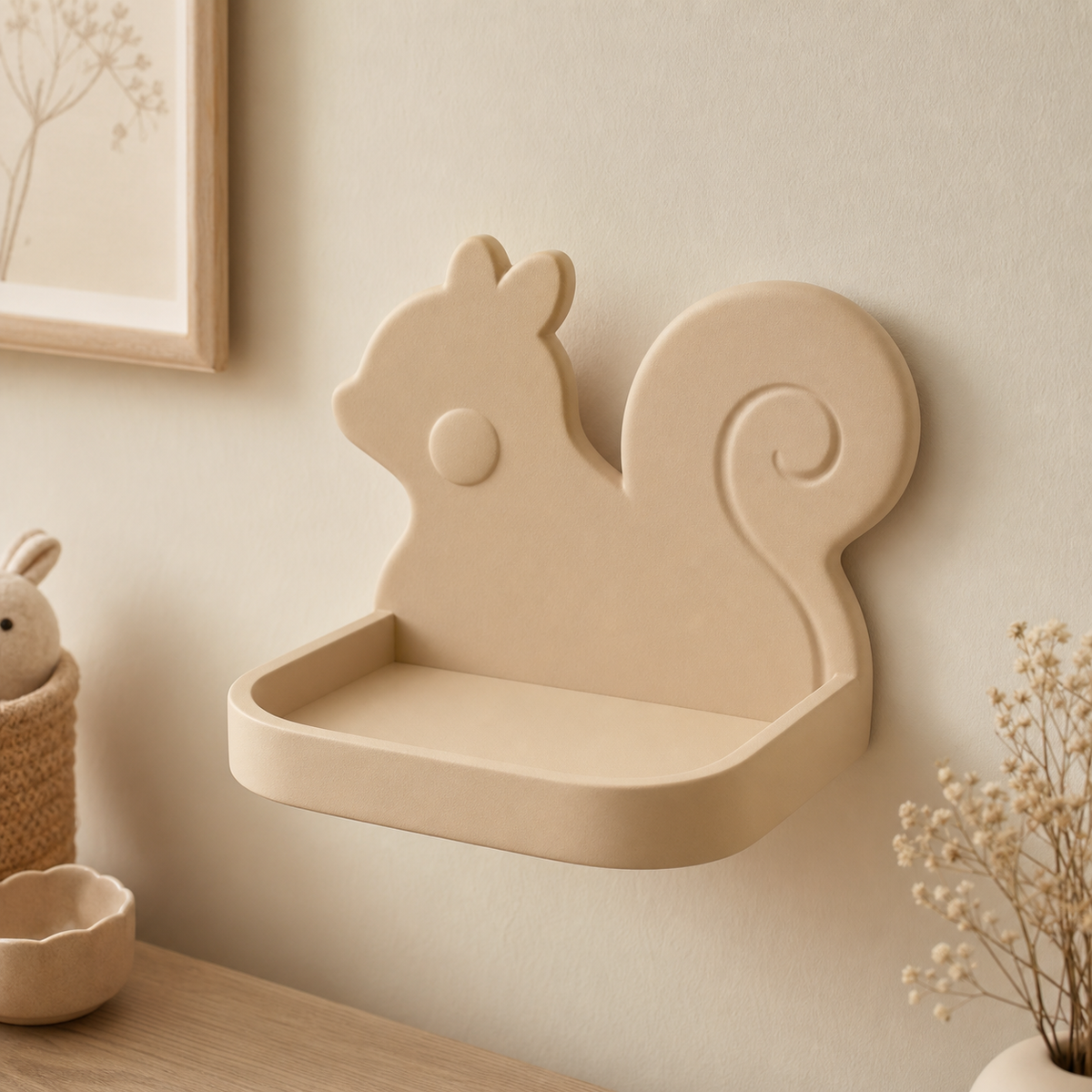 Squirrel Mini Wall Ledge, Pastel Woodland Shelf, Nursery Vanity Room Decor — Beige color variant