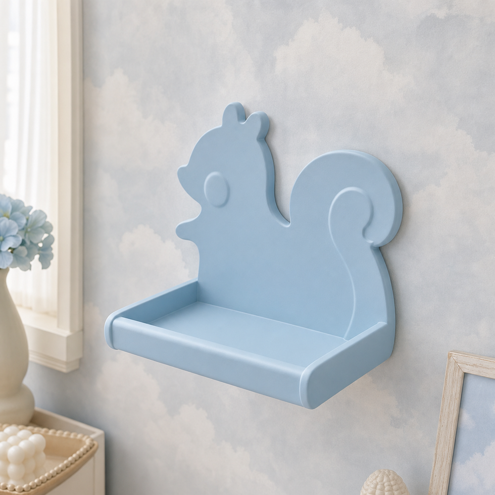 Squirrel Mini Wall Ledge, Pastel Woodland Shelf, Nursery Vanity Room Decor — Blue color variant