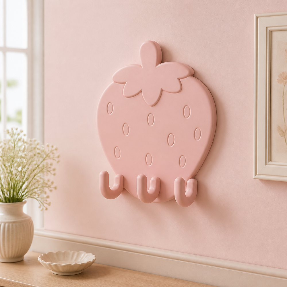 Strawberry Key Hook, Cottagecore Wall Peg, Cute Pastel Entryway Decor — Pink color variant