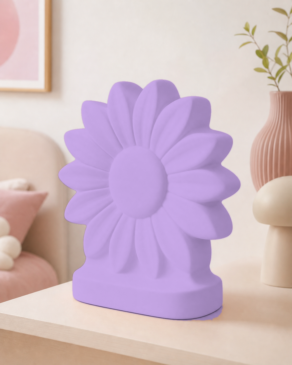 Sunflower Sculptural Shelf Accent, Pastel Flower Desk Decor, Cottagecore Room Gift — Purple color variant