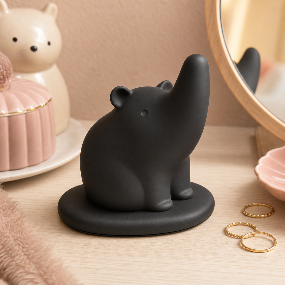 Pastel black tapir ring holder in a cute vanity scene