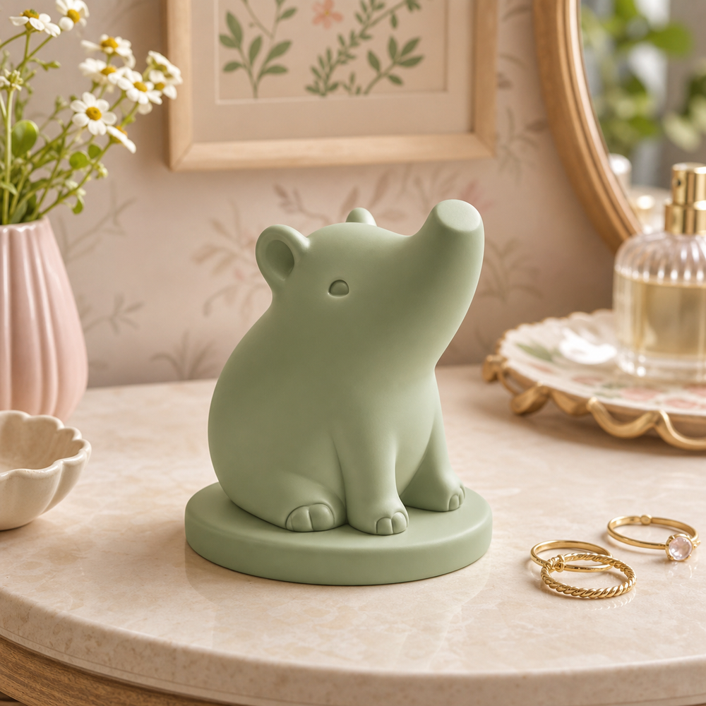 Pastel green tapir ring holder in a cute vanity scene