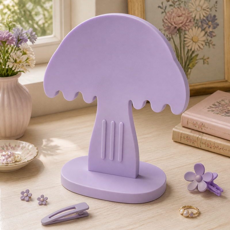 Toadstool Earring Holder, Pastel Hair Clip Display, Cottagecore Vanity Decor — Purple color variant