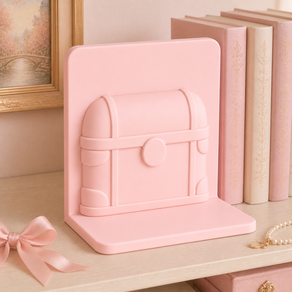 Treasure Chest Bookend, Pastel Fantasy Book Stand, Cute Shelf Room Decor — Pink color variant