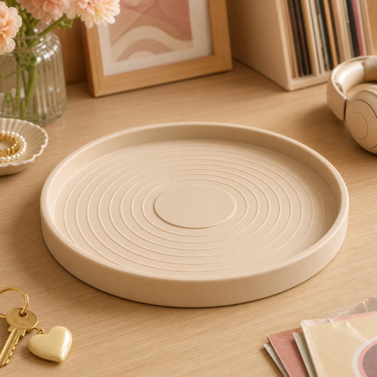Vinyl Record Catchall Tray, Pastel Music Desk Decor, Gift for Music Lovers — Beige color variant