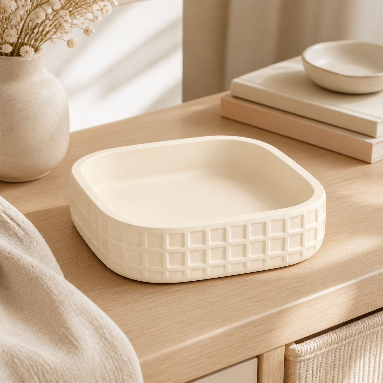 Waffle Key Bowl, Pastel Catchall Dish, Cute Entryway Vanity Desk Decor — Beige color variant