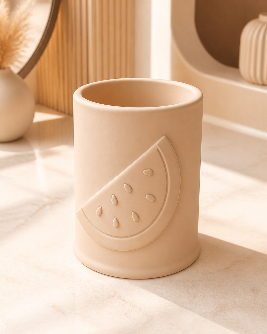 Watermelon Brush Cup, Pastel Makeup Brush Holder, Cute Desk Organizer Summer Decor — Beige color variant