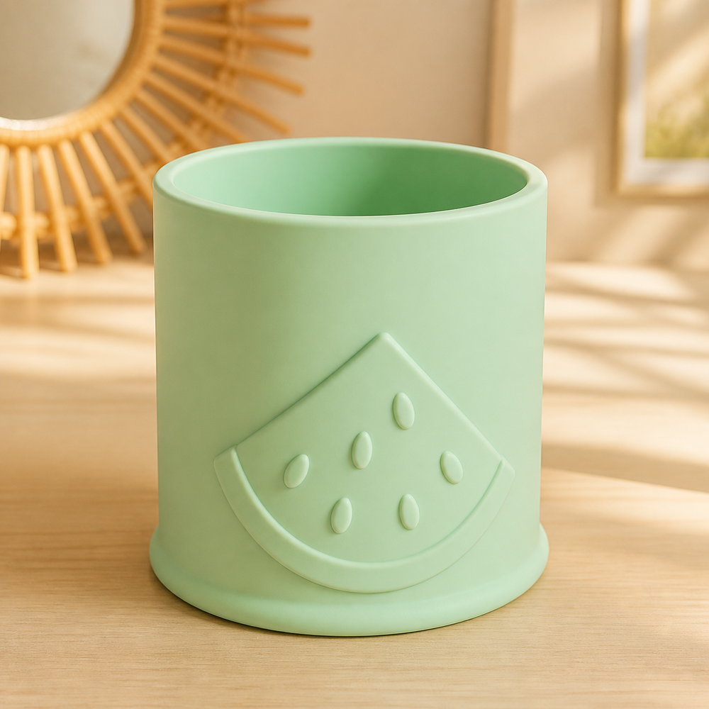 Watermelon Brush Cup, Pastel Makeup Brush Holder, Cute Desk Organizer Summer Decor — Green color variant