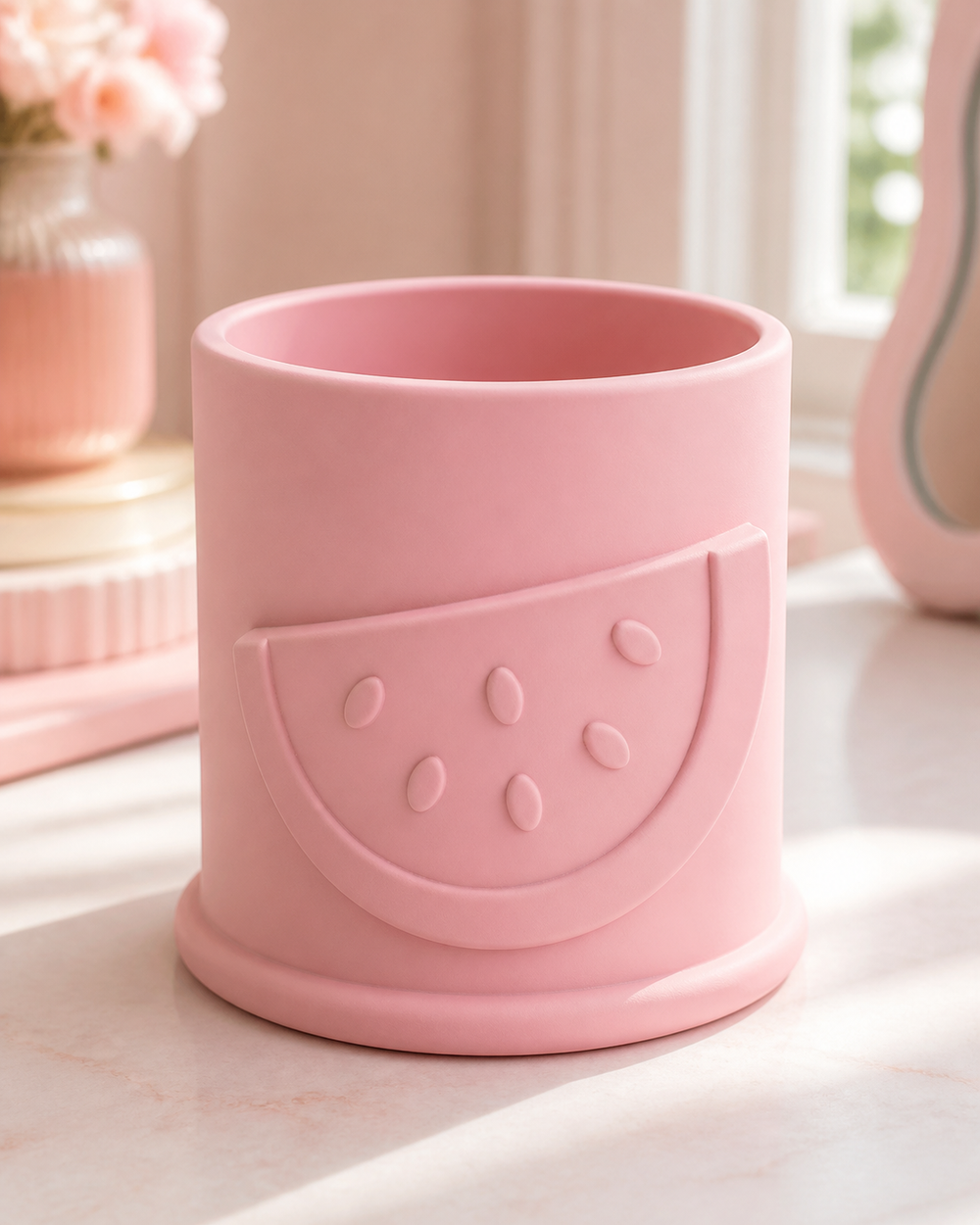 Watermelon Brush Cup, Pastel Makeup Brush Holder, Cute Desk Organizer Summer Decor — Pink color variant