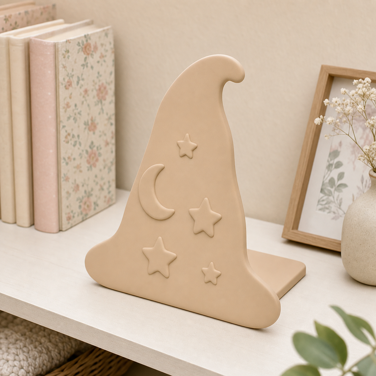 Beige wizard hat bookend, pastel fantasy book stand for cottagecore shelf decor