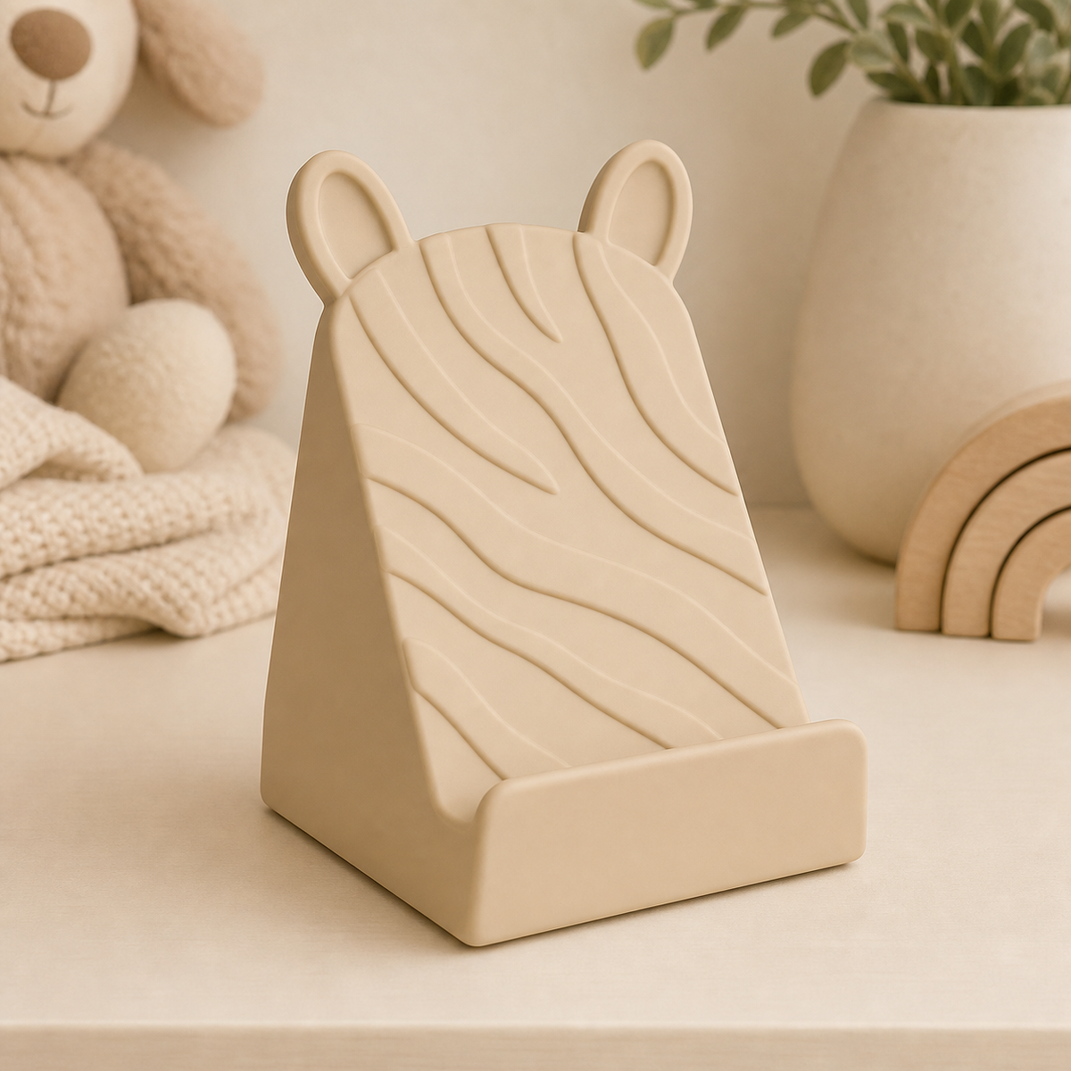 Zebra Phone Stand, Pastel Safari Desk Decor, Cute Nursery Shelf Gift — Beige color variant