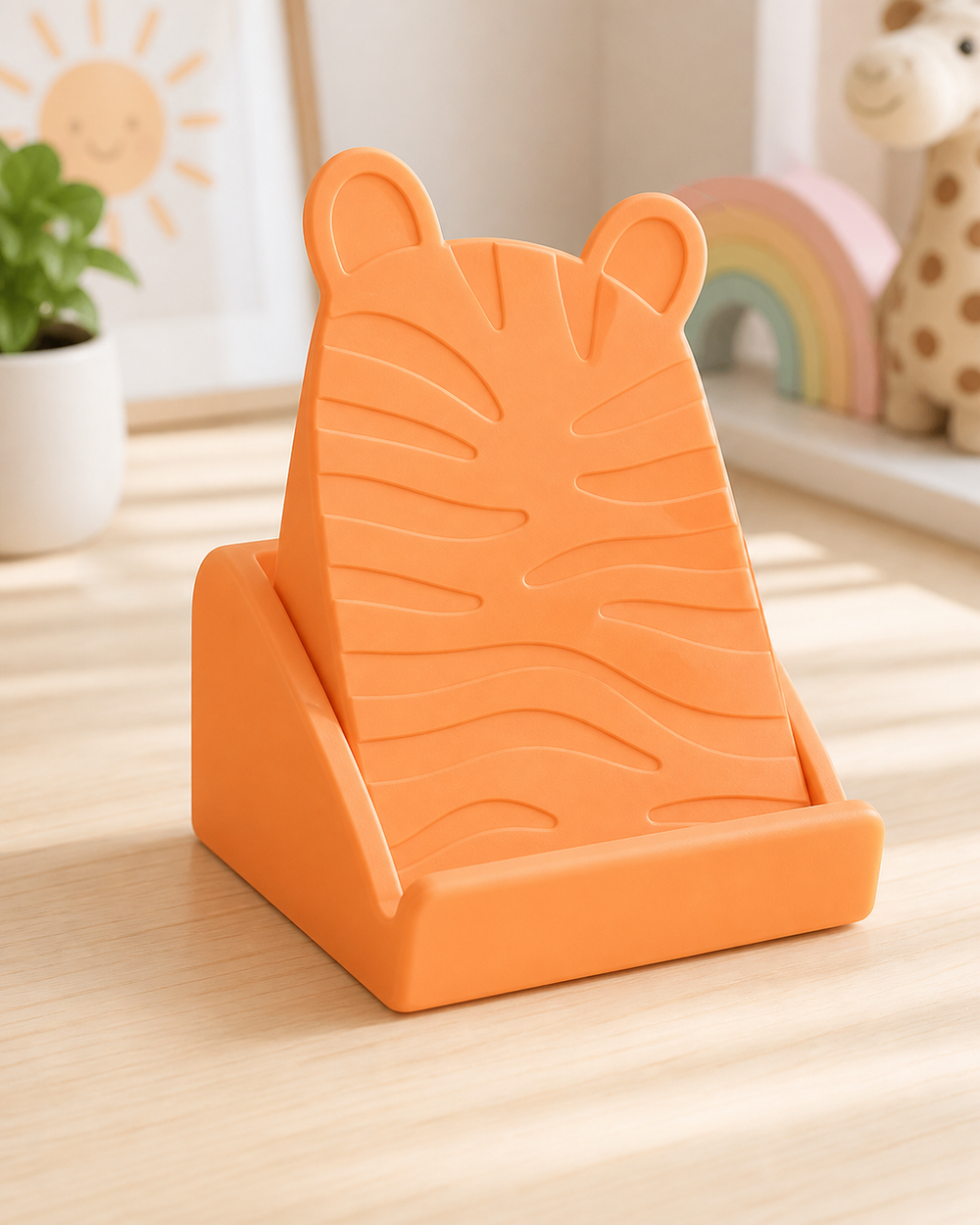 Zebra Phone Stand, Pastel Safari Desk Decor, Cute Nursery Shelf Gift — Orange color variant