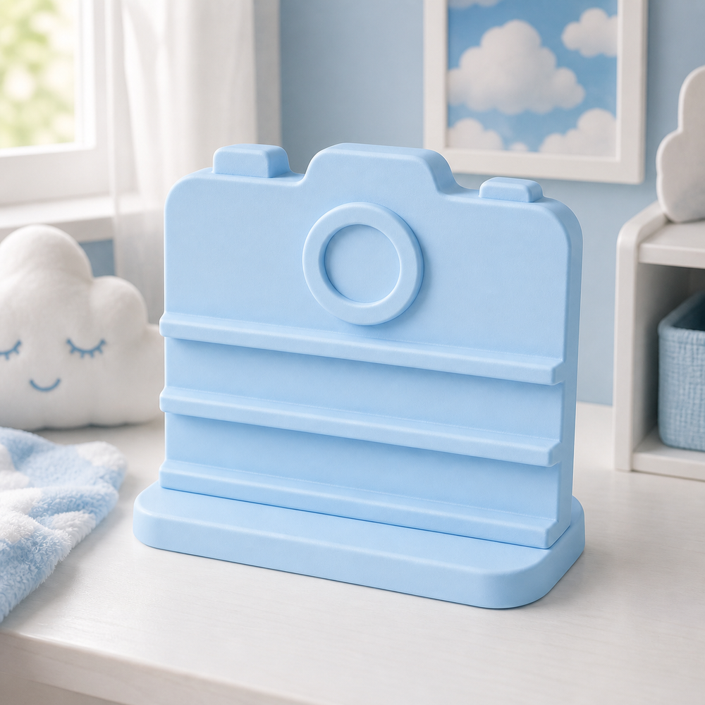 Camera Earring Holder, Pastel Hair Clip Display, Retro Vanity Decor — Blue color variant