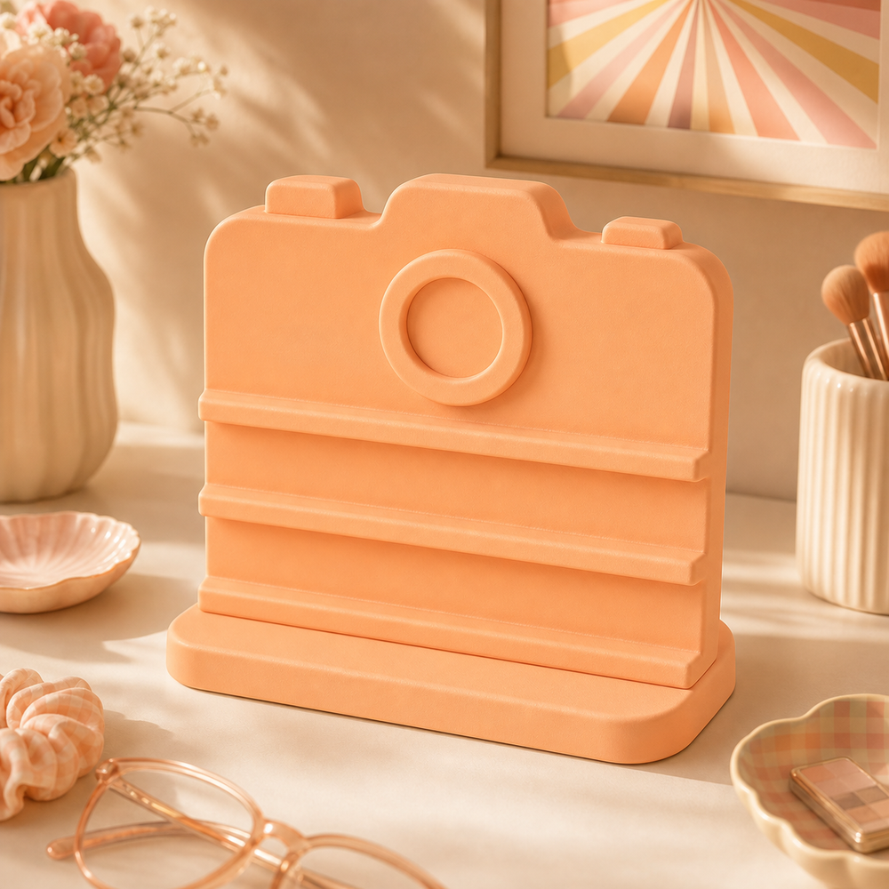 Camera Earring Holder, Pastel Hair Clip Display, Retro Vanity Decor — Orange color variant