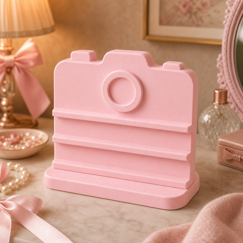 Camera Earring Holder, Pastel Hair Clip Display, Retro Vanity Decor — Pink color variant