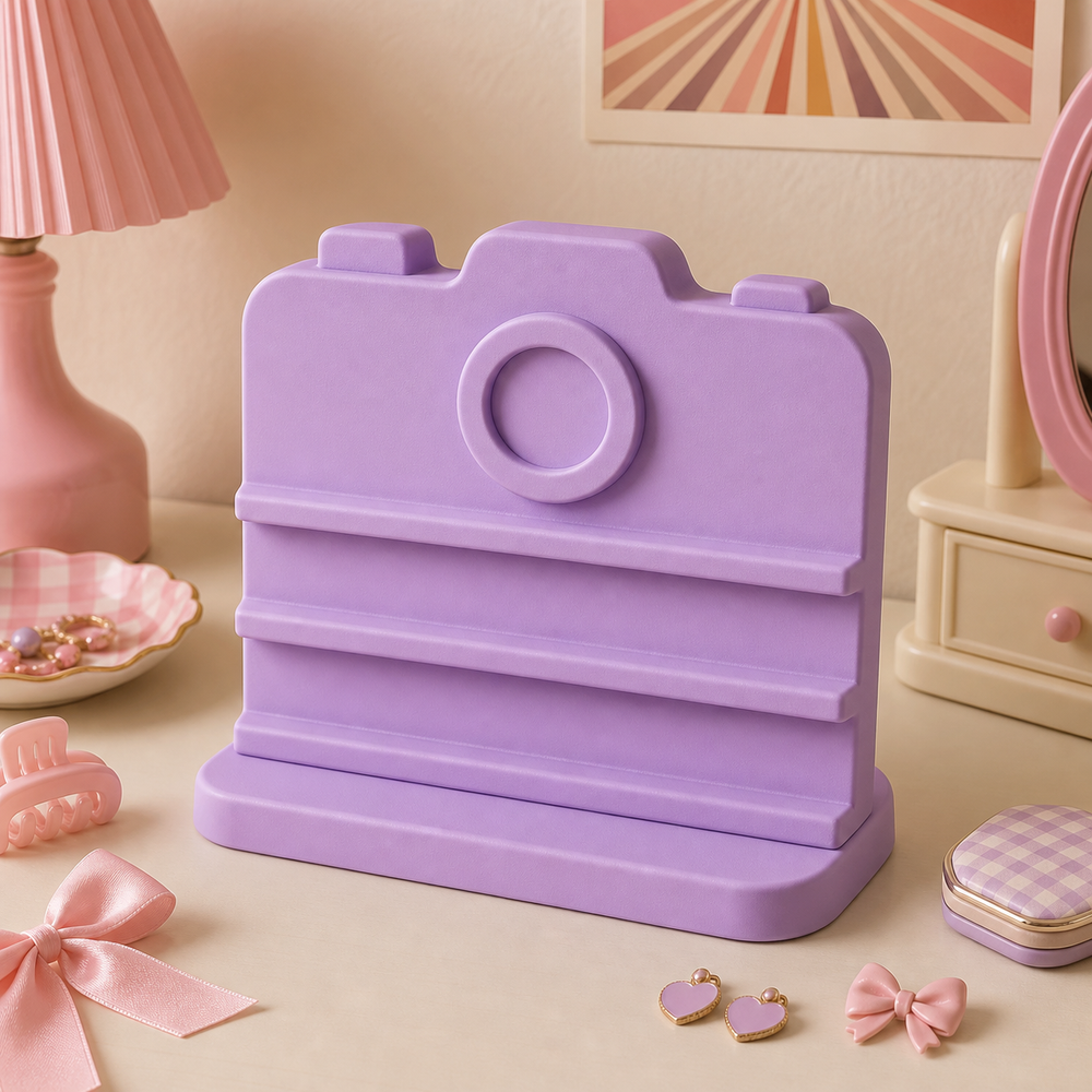 Camera Earring Holder, Pastel Hair Clip Display, Retro Vanity Decor — Purple color variant