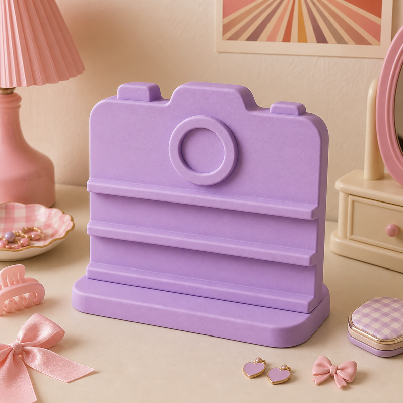 Camera Earring Holder, Pastel Hair Clip Display, Retro Vanity Decor — Purple color variant