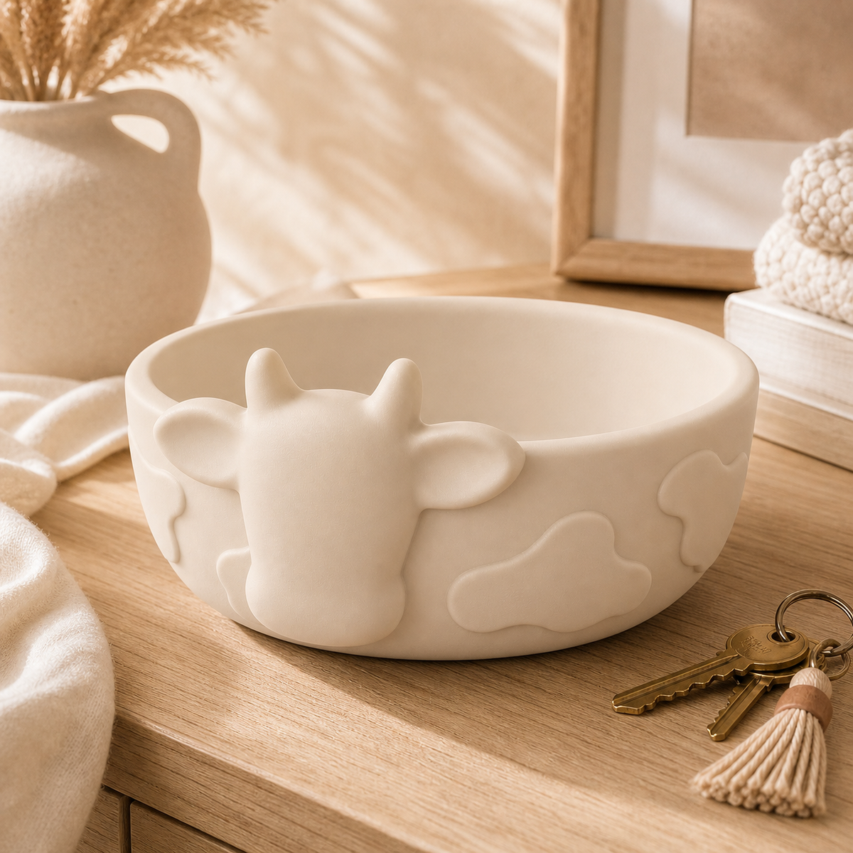 Cow Key Bowl, Pastel Farmhouse Catchall Dish, Cute Entryway Decor Gift — Beige color variant