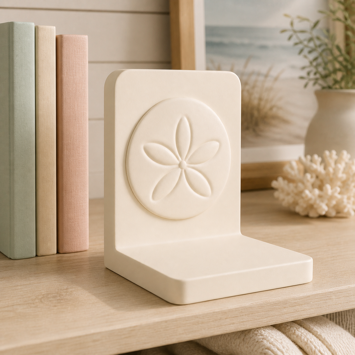 Sand Dollar Bookend, Pastel Coastal Book Stand, Ocean Bookshelf Decor Gift — Beige color variant