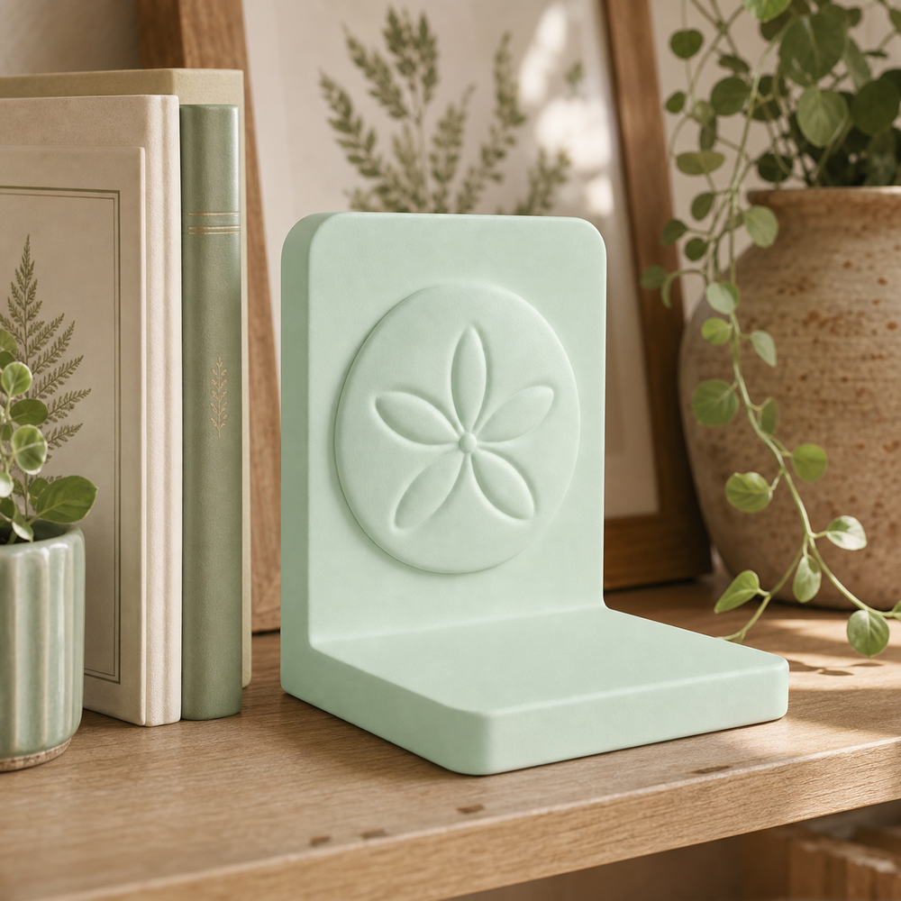 Sand Dollar Bookend, Pastel Coastal Book Stand, Ocean Bookshelf Decor Gift — Green color variant