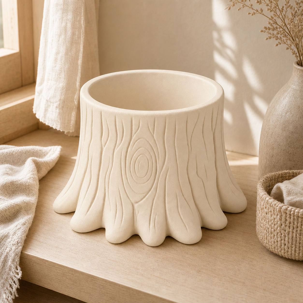 Woodland Stump Cachepot, Pastel Shelf Pot, Cottagecore Desk Decor Gift — Beige color variant